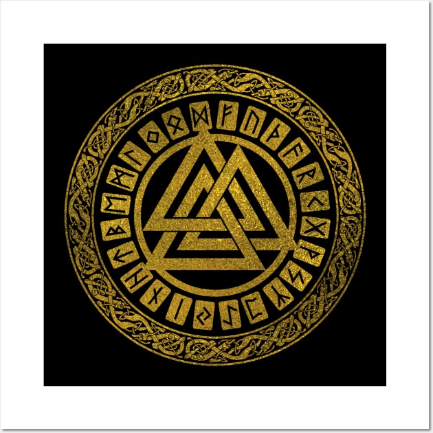 Gold   Valknut Symbol with runes Wall Art by Nartissima